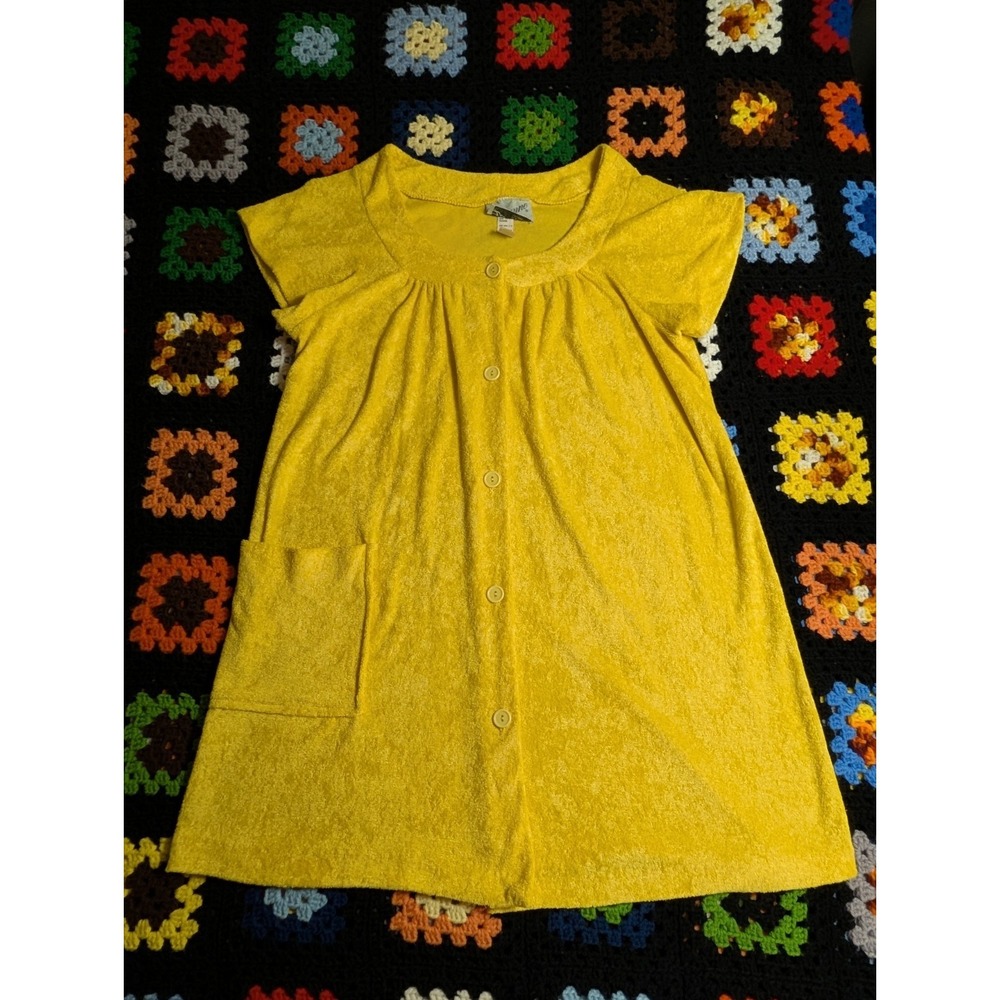 Vintage Lisanne 1960s Yellow Terry Cloth Lounge Dress Fortrel Polyester Large